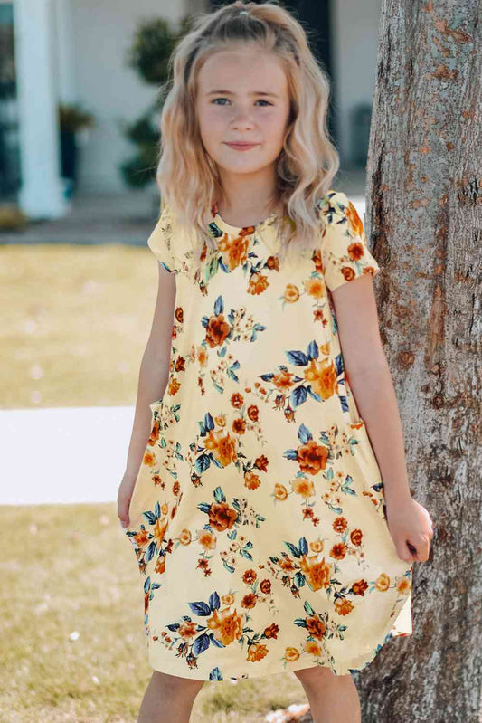 Girls Floral Round Neck Short Sleeve Dress with Pockets Yellow