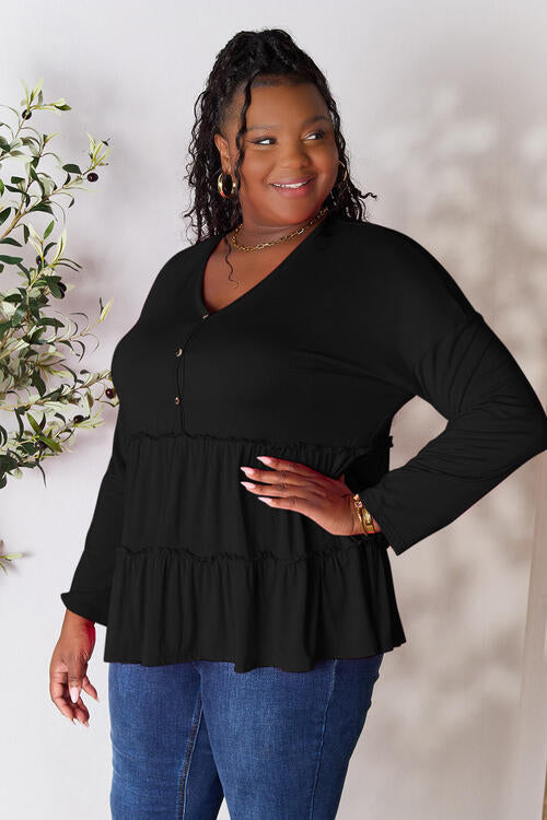 Double Take Half Button Long Sleeve Ruffle Hem Blouse Black