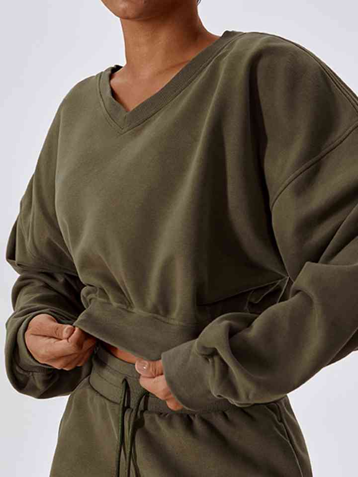 V-Neck Dropped Shoulder Sports Sweatshirt Olive Brown