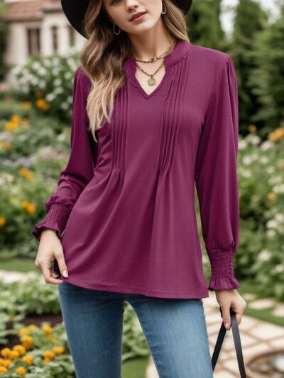 Notched Smocked Flounce Sleeve Blouse Plum