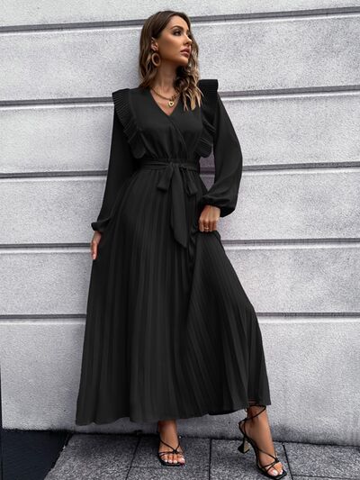 Pleated Surplice Tie Waist Maxi Dress Black