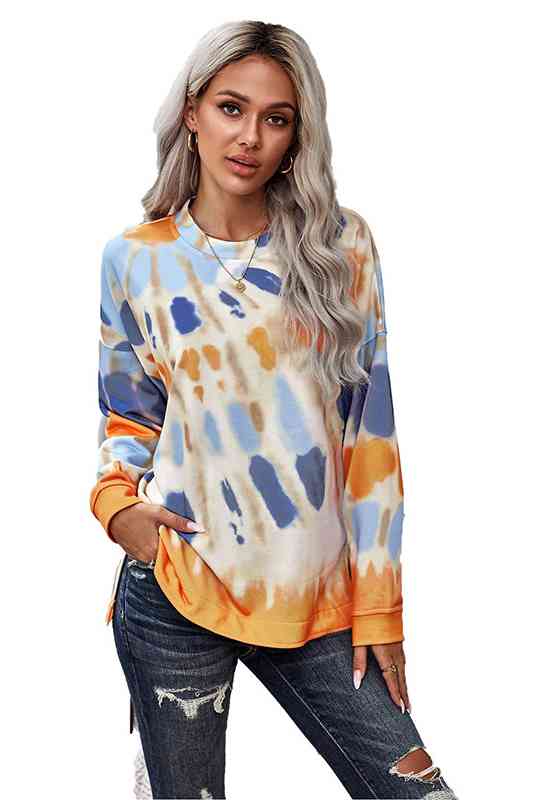 Tie-Dye Side Slit Long Sleeve Top Orange