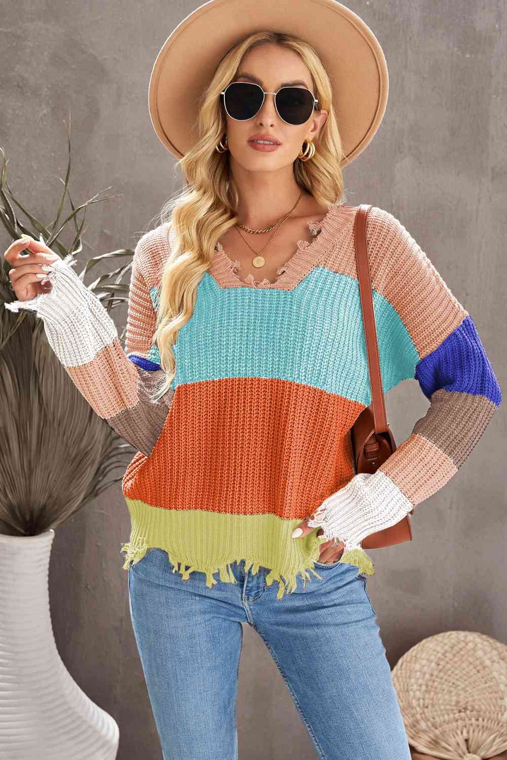 Woven Right Color Block Distressed V-Neck Ribbed Sweater Peach/Orange