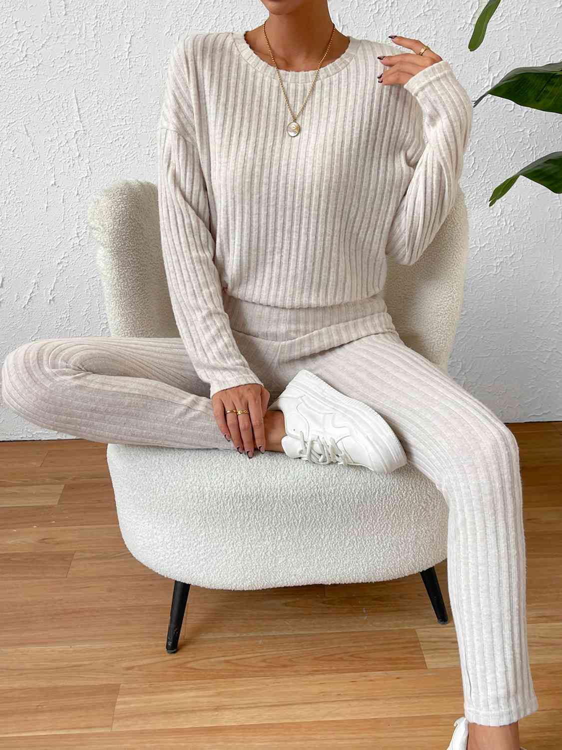 Ribbed Top and Pants Lounge Set Ivory