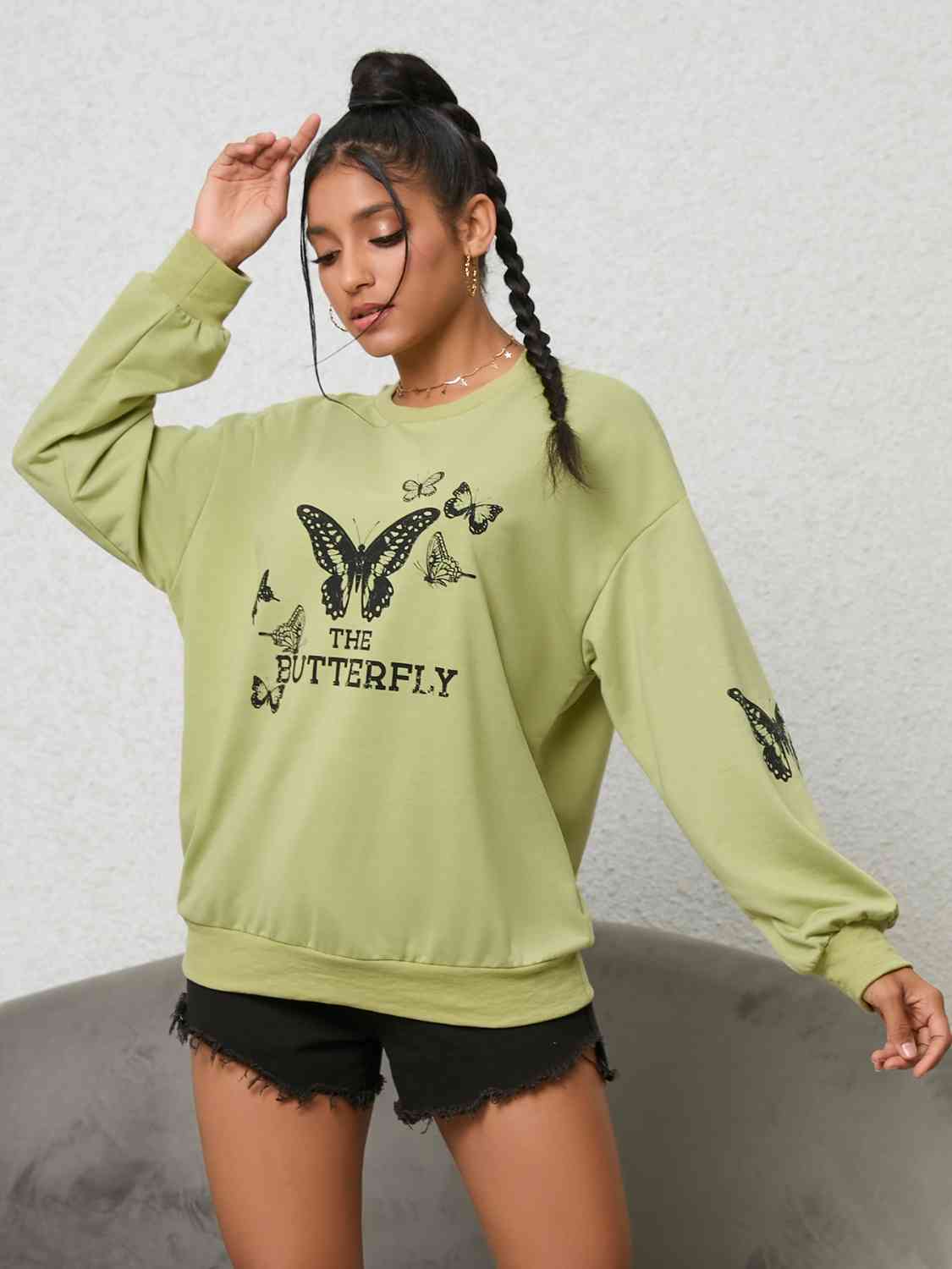 Butterfly Graphic Drop Shoulder Sweatshirt Lime