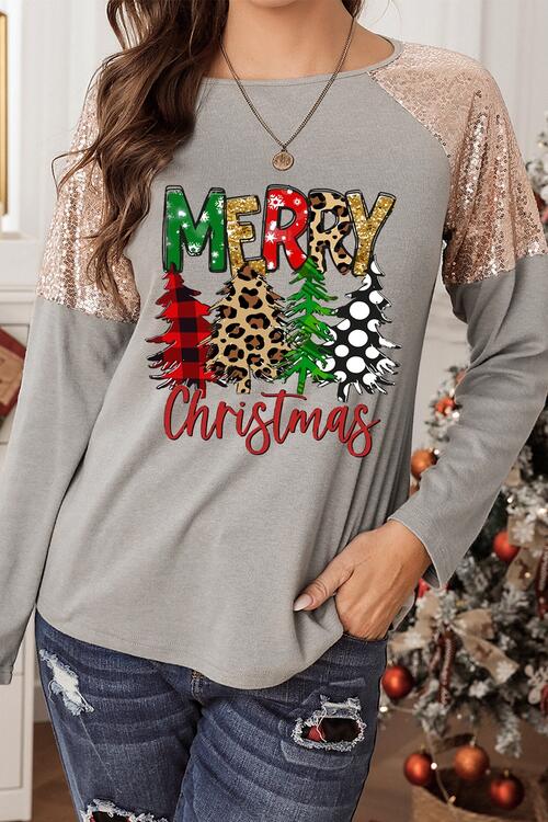 MERRY CHRISTMAS Sequin Round Neck Blouse Charcoal