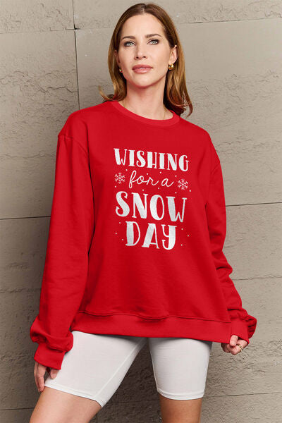 Simply Love Full Size WISHING FOR A SNOW DAY Round Neck Sweatshirt Wine