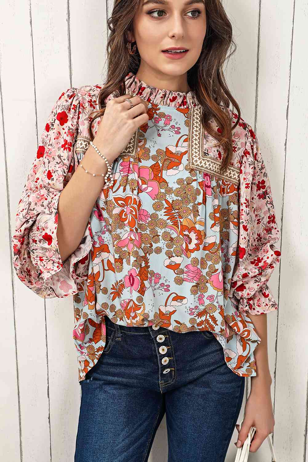 Floral Print Flounce Sleeve Mock Neck Blouse Floral