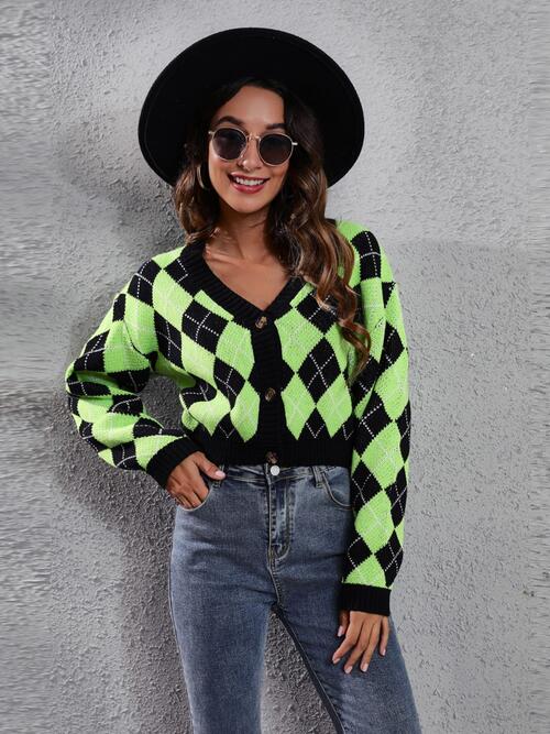 Geometric Button Up Long Sleeve Cardigan Lime