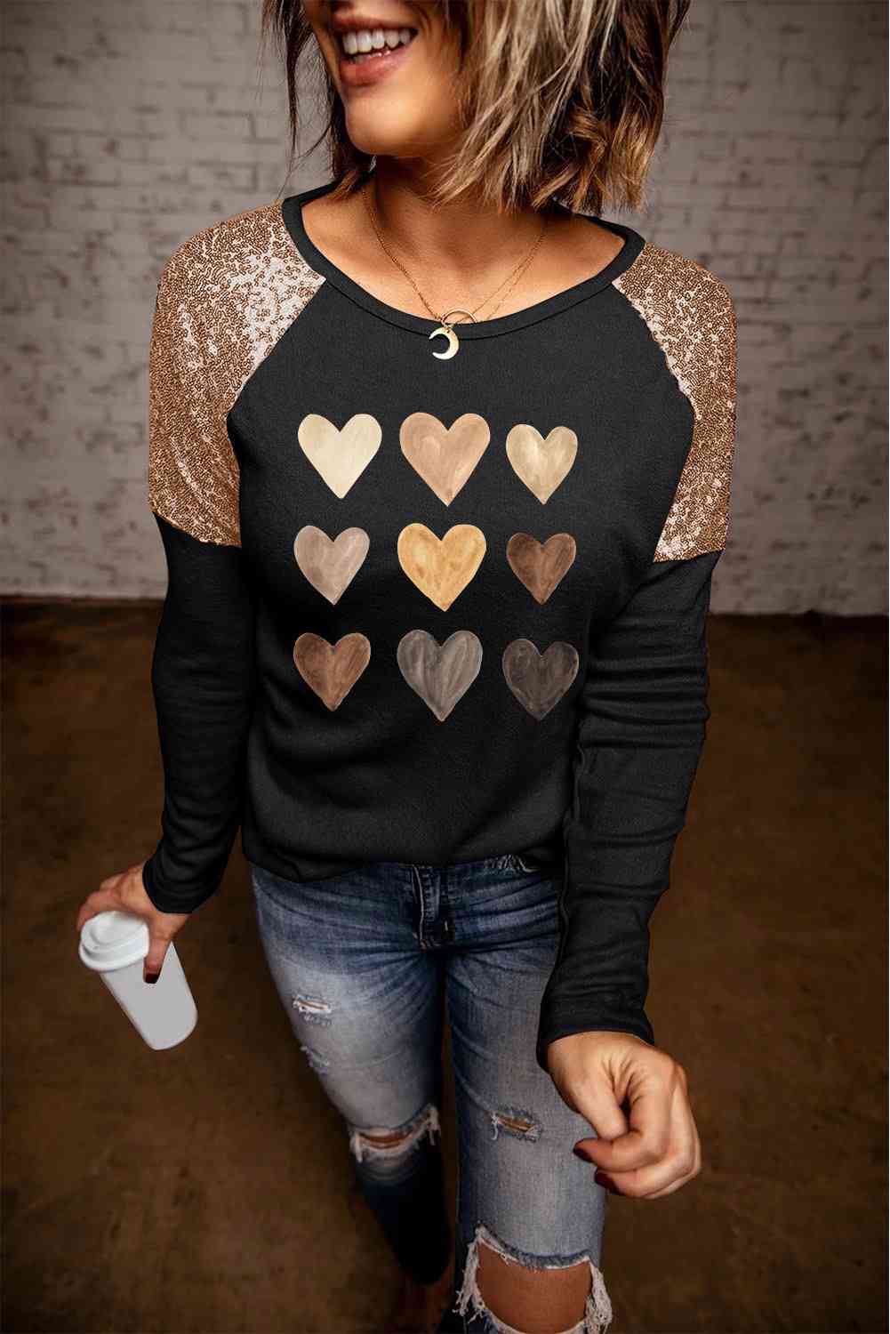 Contrast Sequin Heart Graphic Raglan Sleeve Top Black