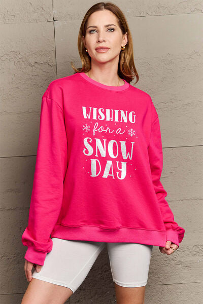 Simply Love Full Size WISHING FOR A SNOW DAY Round Neck Sweatshirt Deep Rose