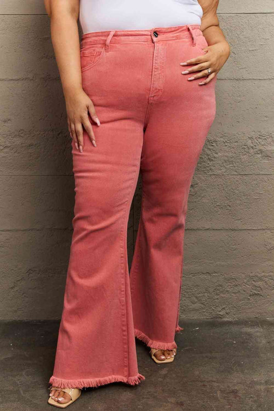RISEN Bailey Full Size High Waist Side Slit Flare Jeans Coral