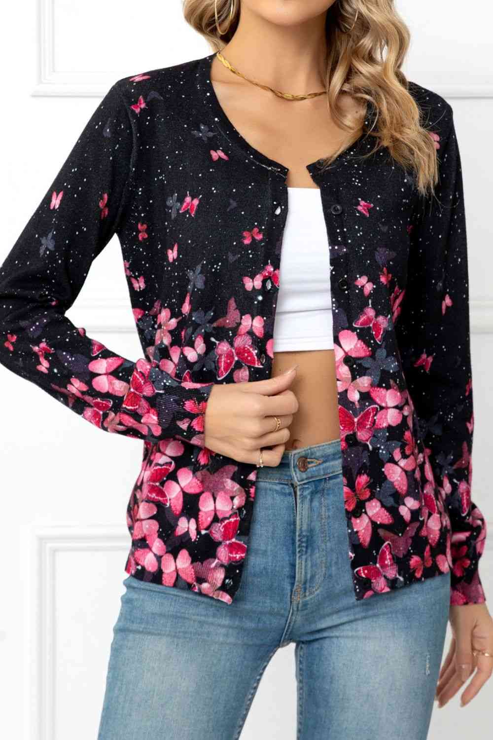 Woven Right Floral Button Front Round Neck Cardigan