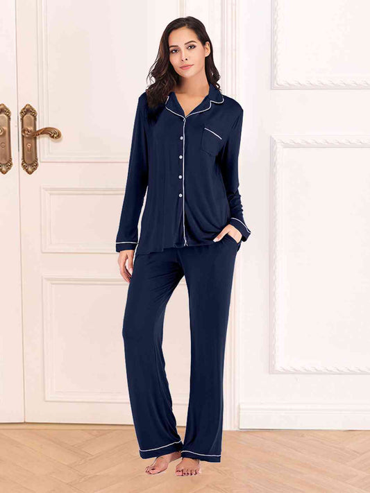 Collared Neck Long Sleeve Loungewear Set with Pockets Navy