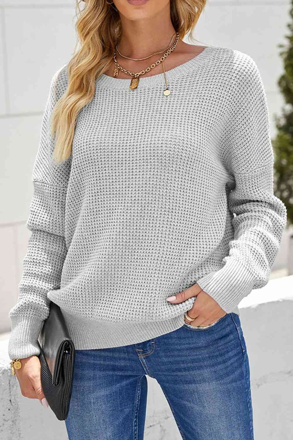 Woven Right Crisscross Back Waffle-Knit Sweater Gray