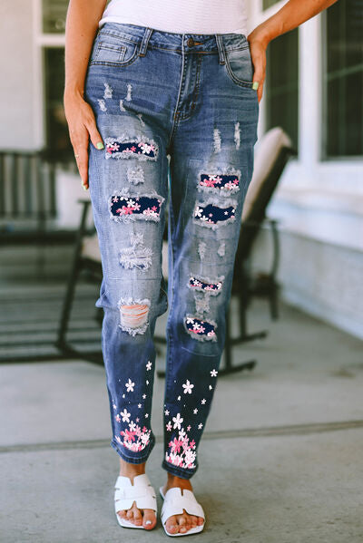 Flower Distressed Jeans with Pockets Medium