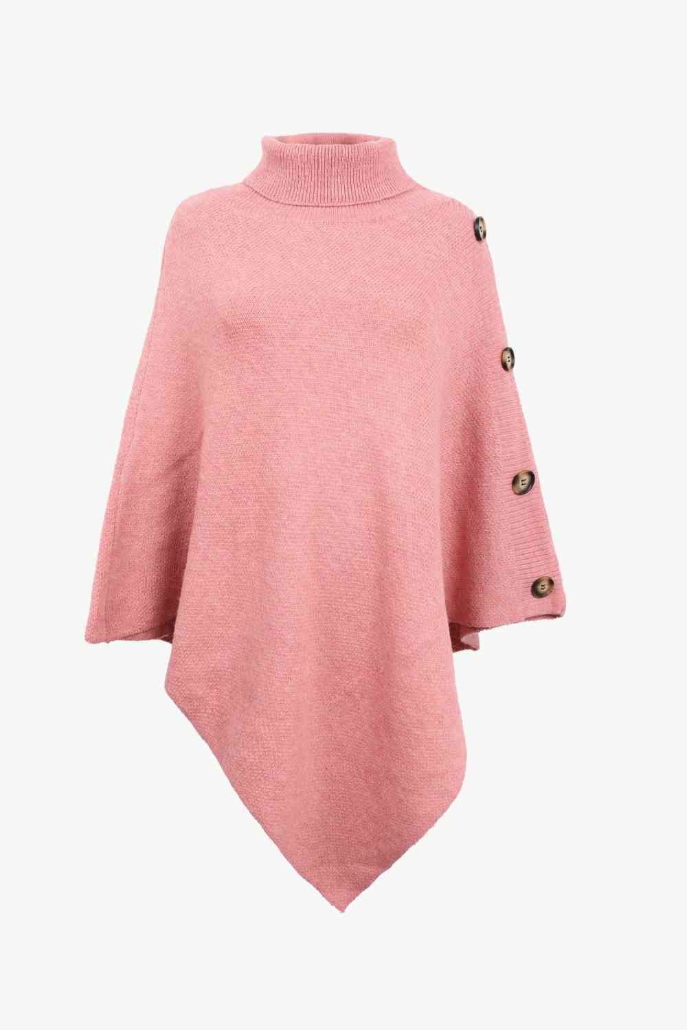 Turtleneck Buttoned Poncho Coral One Size