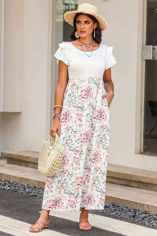 Round Neck Ruffled Short Sleeve Dress Floral