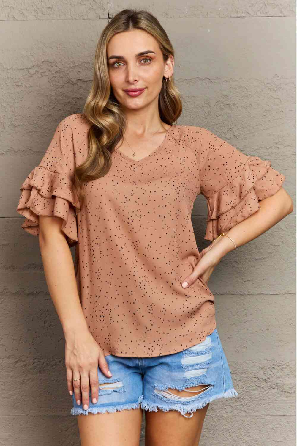 Hailey & Co Darling Delights Polka Dot Woven Top Tan