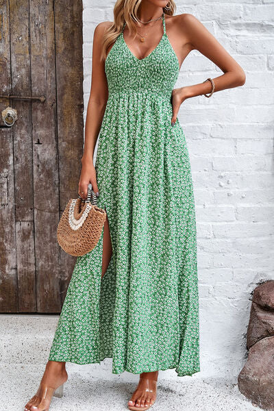 Smocked Slit Tied Printed Dress Mid Green