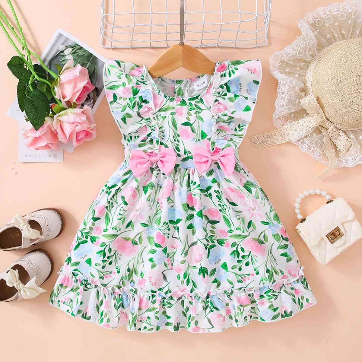 Girls Floral Bow Detail Frill Trim Dress Mid Green