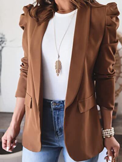 Collared Neck Puff Sleeve Blazer Chestnut