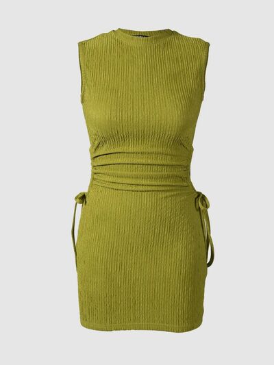 Cutout Drawstring Round Neck Sleeveless Dress Chartreuse