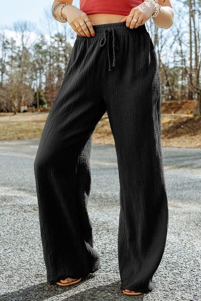 Texture Tied Wide Leg Pants Black