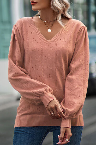 Eyelet V-Neck Lantern Sleeve Sweater Burnt Coral