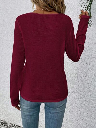 Waffle-Knit Lace Detail V-Neck Long Sleeve T-Shirt