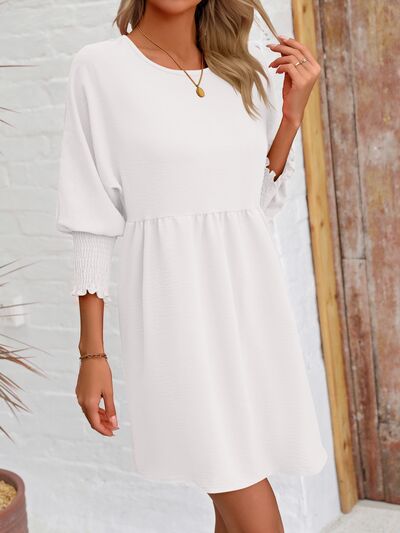 Round Neck Lantern Sleeve Mini Dress White