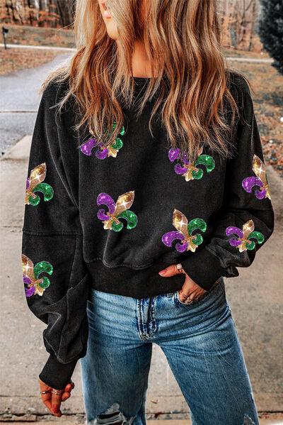 Cutout Sequin Round Neck Sweatshirt Black