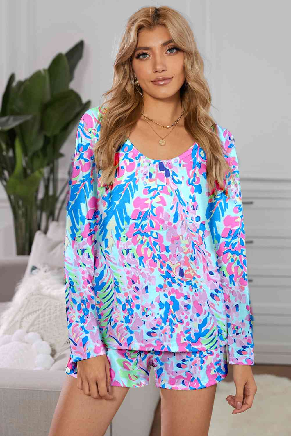 Round Neck Printed Top and Shorts Lounge Set Sky Blue