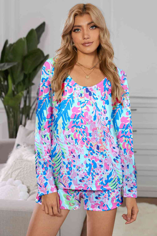 Round Neck Printed Top and Shorts Lounge Set Sky Blue