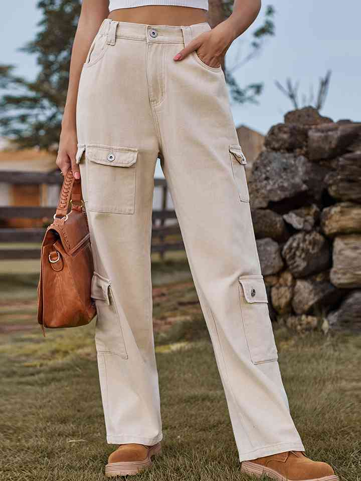 Buttoned Long Jeans Cream