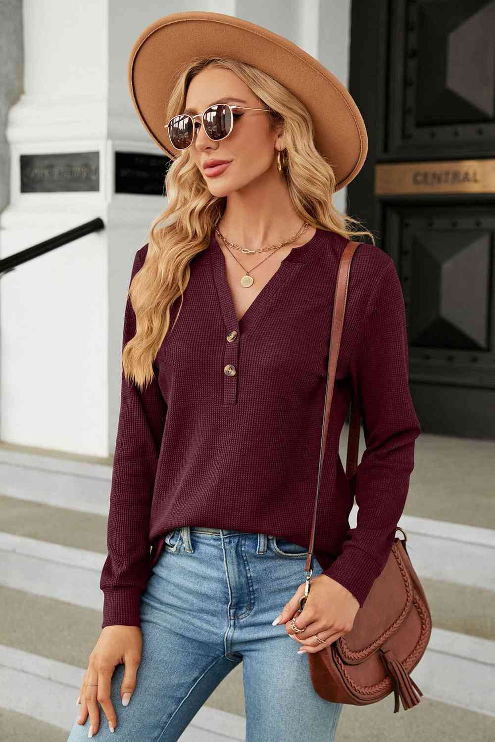 V-Neck Long Sleeve Blouse Wine