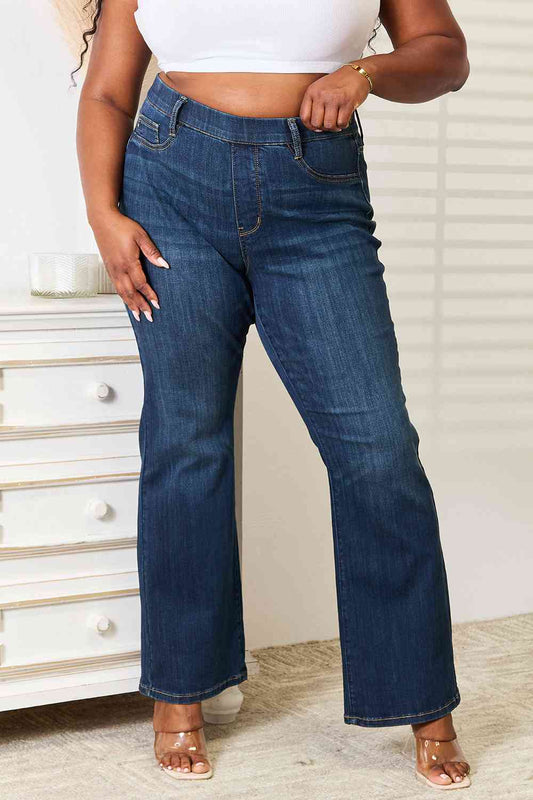 Judy Blue Full Size Elastic Waistband Slim Bootcut Jeans Dark