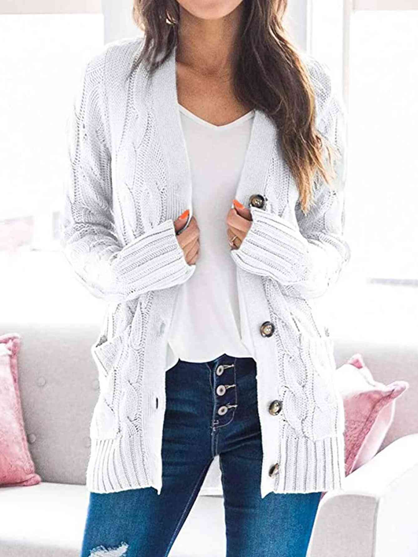 Cable-Knit Buttoned Cardigan with Pockets White