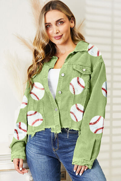 Ball Sequin Dropped Shoulder Raw Hem Jacket Light Green