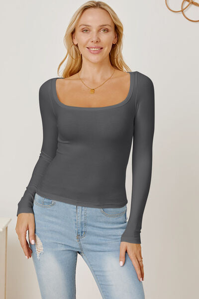 Square Neck Long Sleeve T-Shirt Charcoal