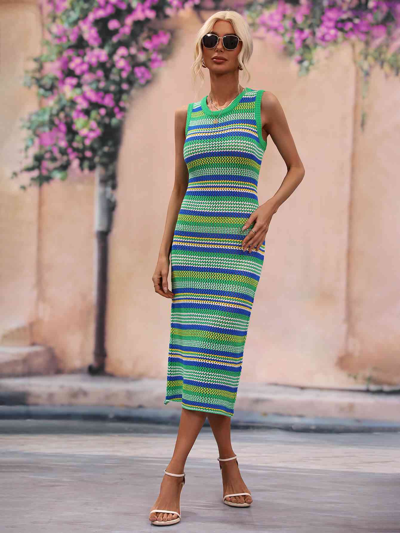 Striped Round Neck Sleeveless Midi Cover Up Dress Green