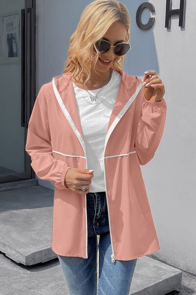 Zip Up Long Sleeve Hooded Watertight Jacket Blush Pink