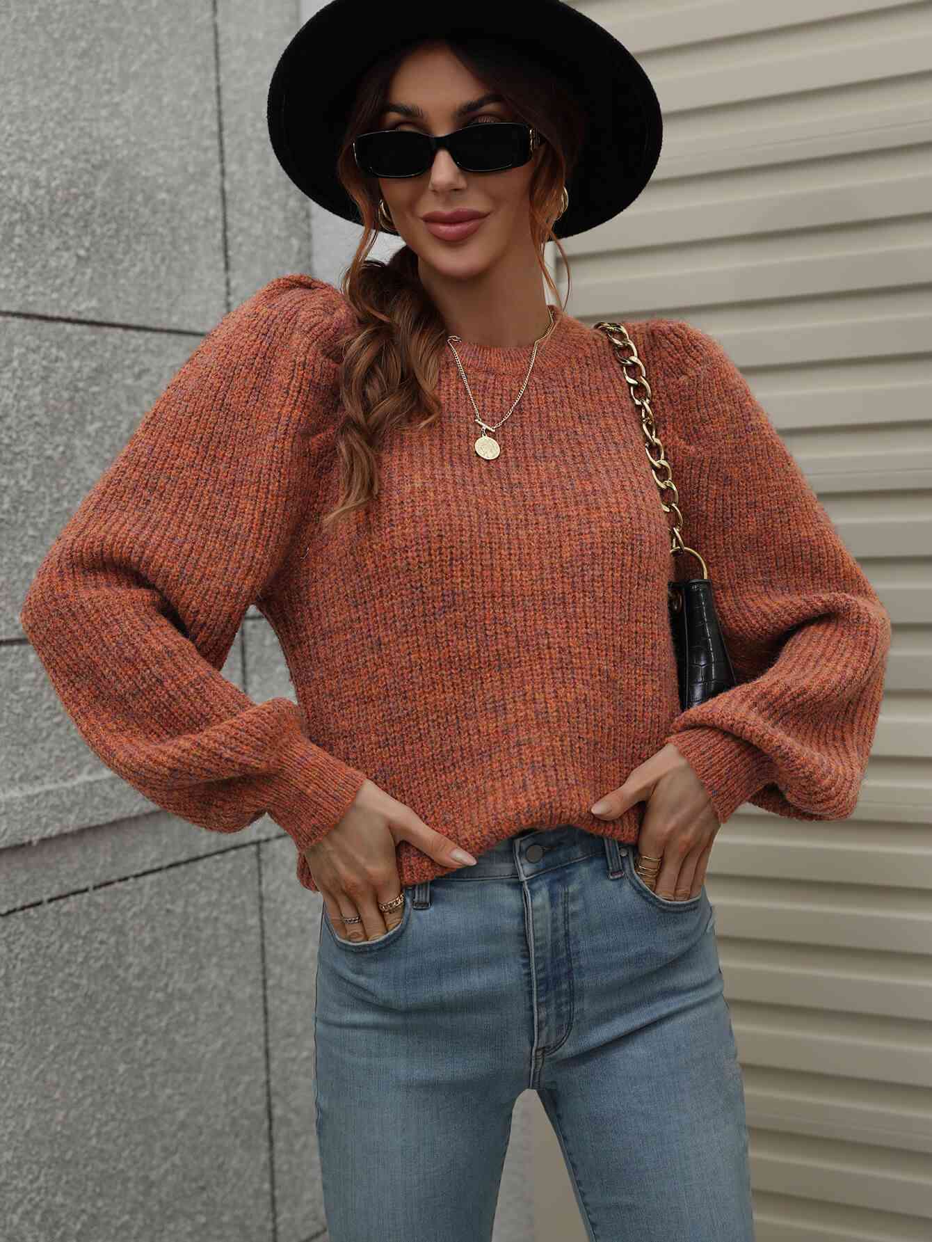 Woven Right Heathered Long Lantern Sleeve Rib-Knit Sweater Orange