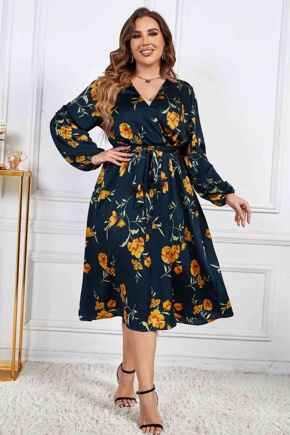 Melo Apparel Plus Size Floral Print Surplice Neck Midi Dress Deep Teal