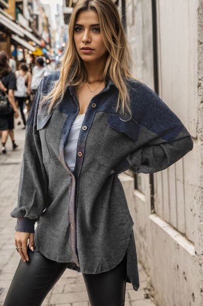 Pocketed Button Up Dropped Shoulder Jacket Charcoal