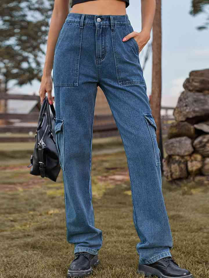 Pocketed Long Jeans Azure