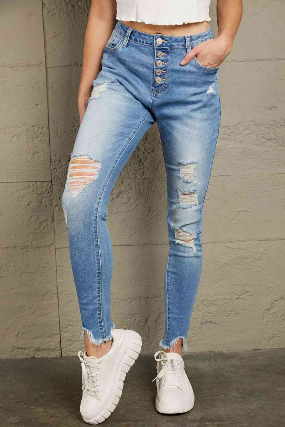 Baeful Button Front Frayed Ankle Skinny Jeans Sky Blue