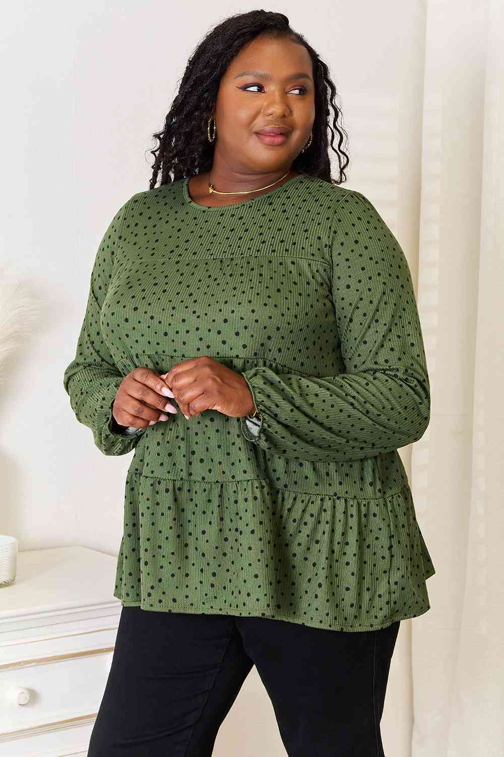 Heimish Full Size Long Puff Sleeve Polka Tiered Top