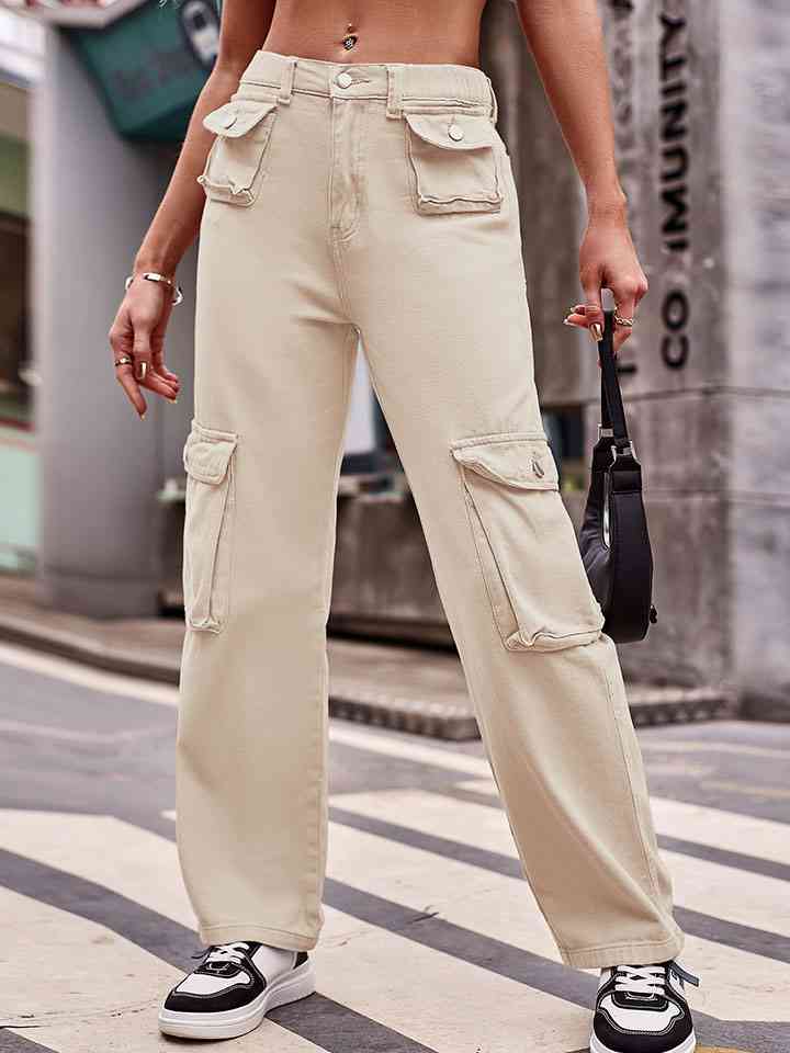 Straight Leg Cargo Jeans Cream