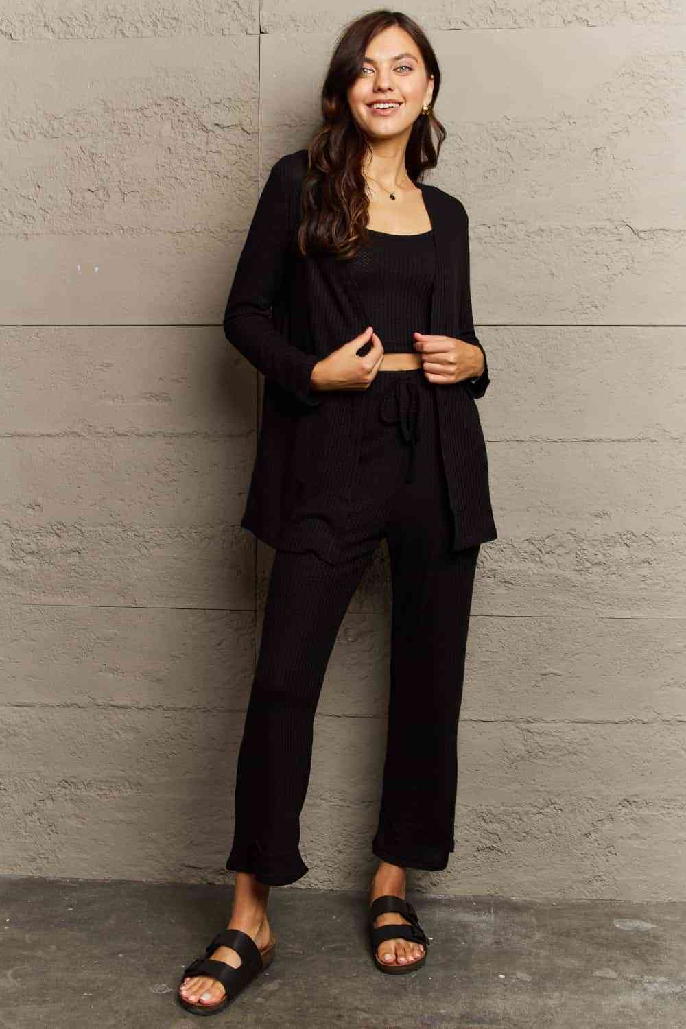 Ninexis Full Size Cropped Top, Long Pants and Cardigan Lounge Set Black